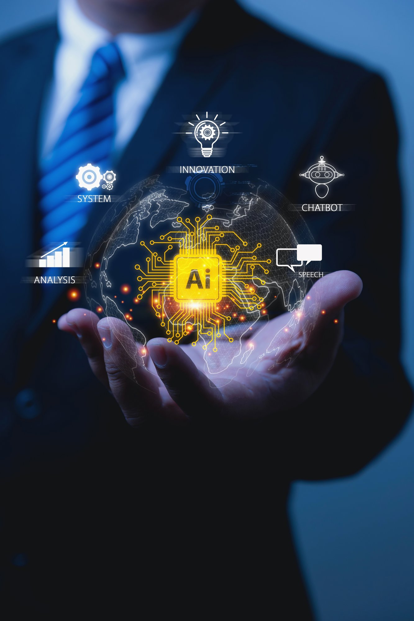 AI marketing concept: a business leader presenting a glowing AI-powered globe with innovation, chatbot, system, analysis and speech icons