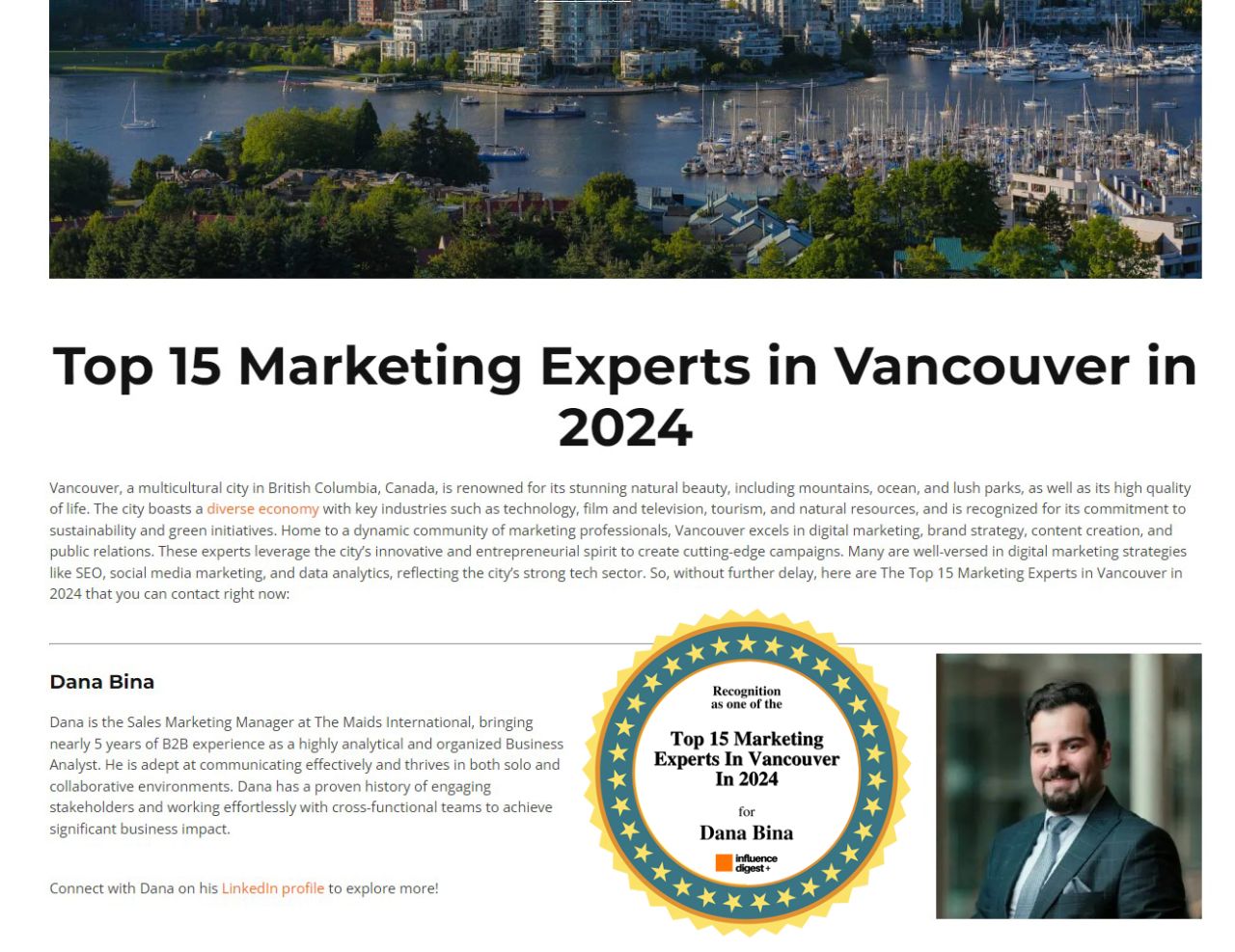 Influence Digest feature naming Dana Bina one of the Top 15 Marketing Experts in Vancouver in 2024