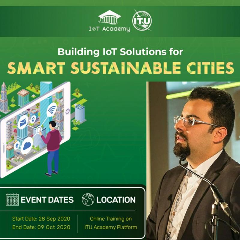 Announcement for the ITU IoT Academy training programme Building IoT Solutions for Smart Sustainable Cities, featuring Dana Bina as instructor