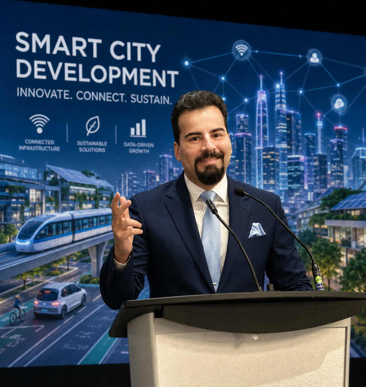 Dana Bina speaking at a podium in front of a Smart City Development keynote screen showing connected infrastructure, sustainable solutions, intelligent transportation and data-driven urban growth