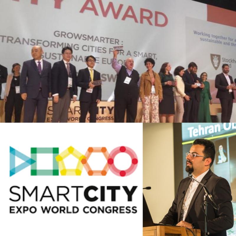 Dana Bina speaking at the Smart City Expo World Congress, alongside the Smart Tehran award presentation on stage