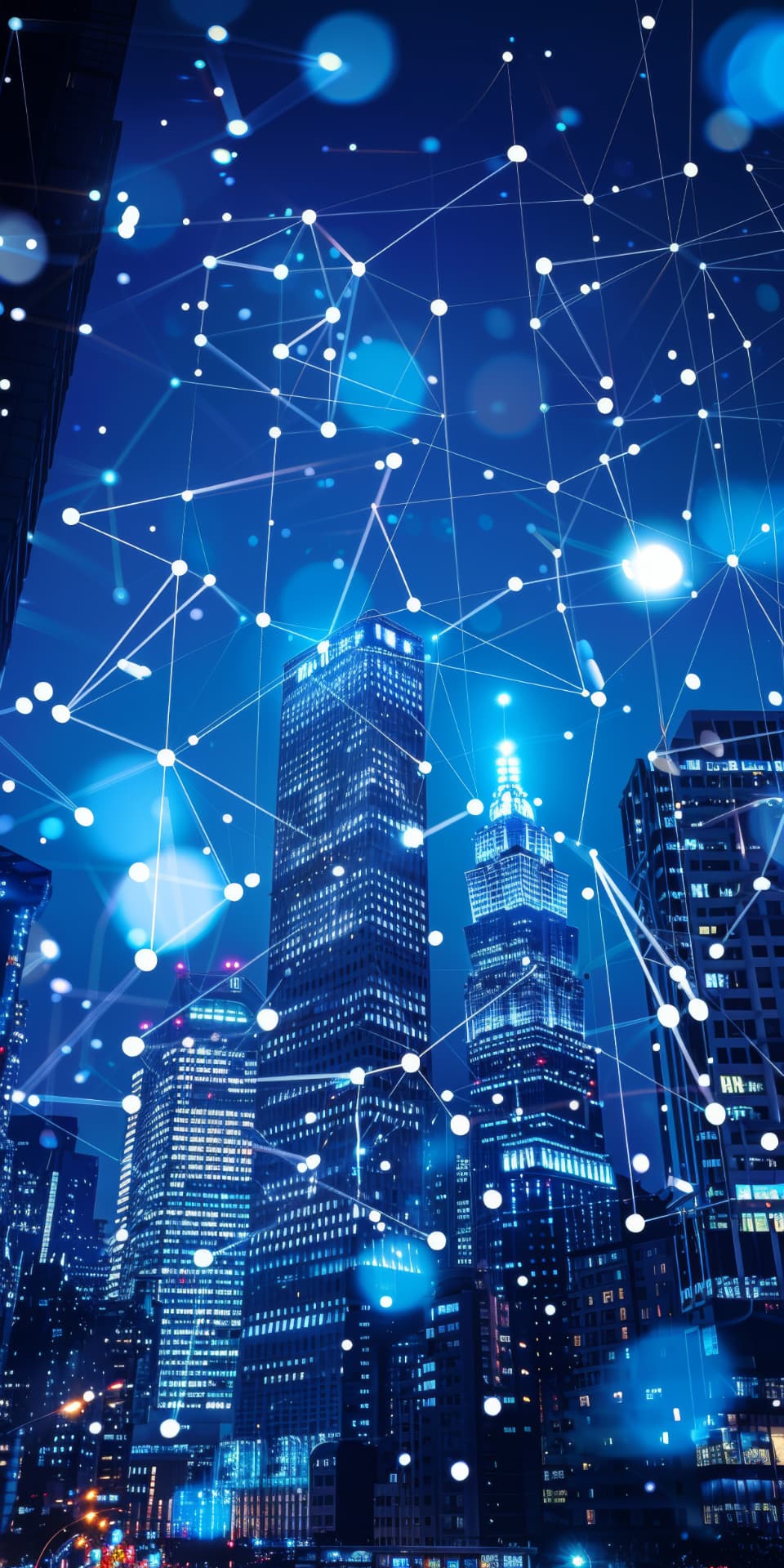 Smart city network visualization: connected skyscrapers at night with glowing data nodes representing IoT and urban digital infrastructure